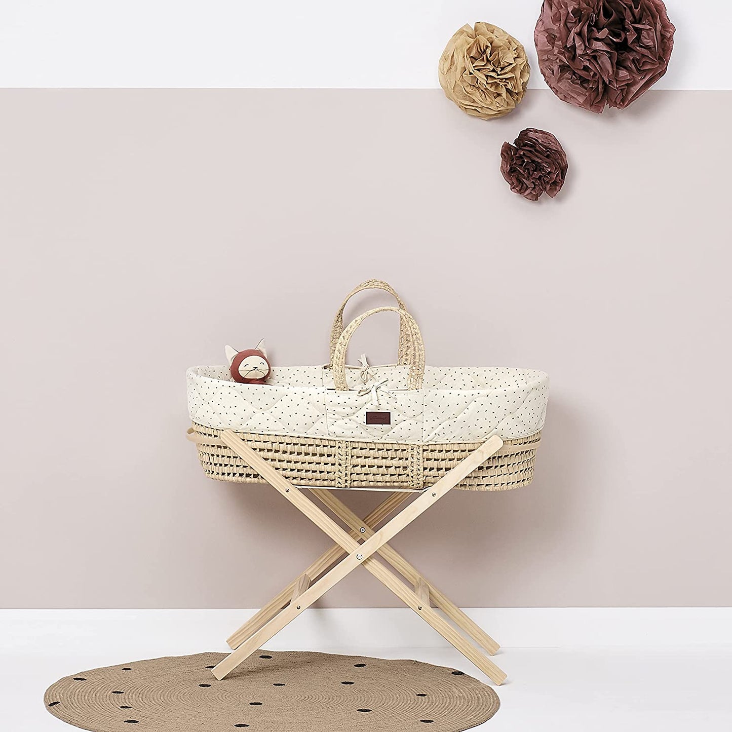 The Little Green Sheep Quilted Moses Basket & Mattress | Printed Linen