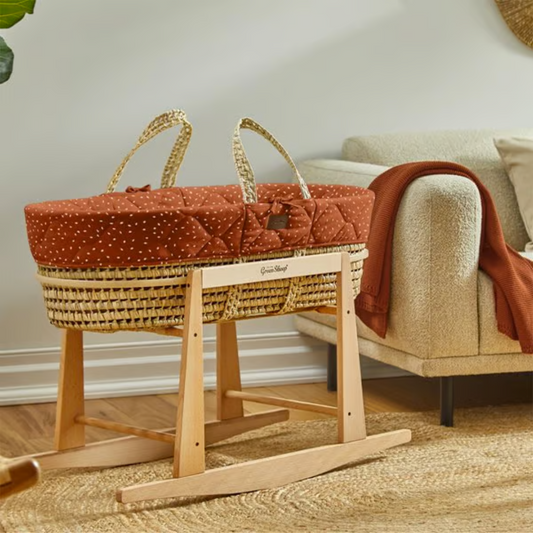 Little Green Sheep Quilted Moses Basket & Rocking Stand Bundle | Terracotta Rice Print