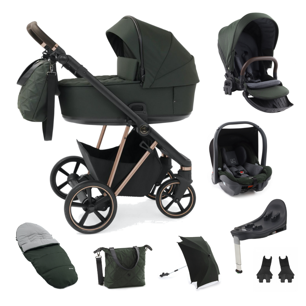 Babystyle Prestige 13 Piece Vogue Travel System - Spruce Green with Copper Gold Chassis (Brown Handle)