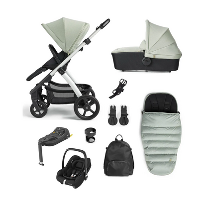 Silver Cross Tide Pushchair, Maxi-Cosi Cabriofix i-Size Car Seat & Accessory Bundle | Sage - Silver Chassis