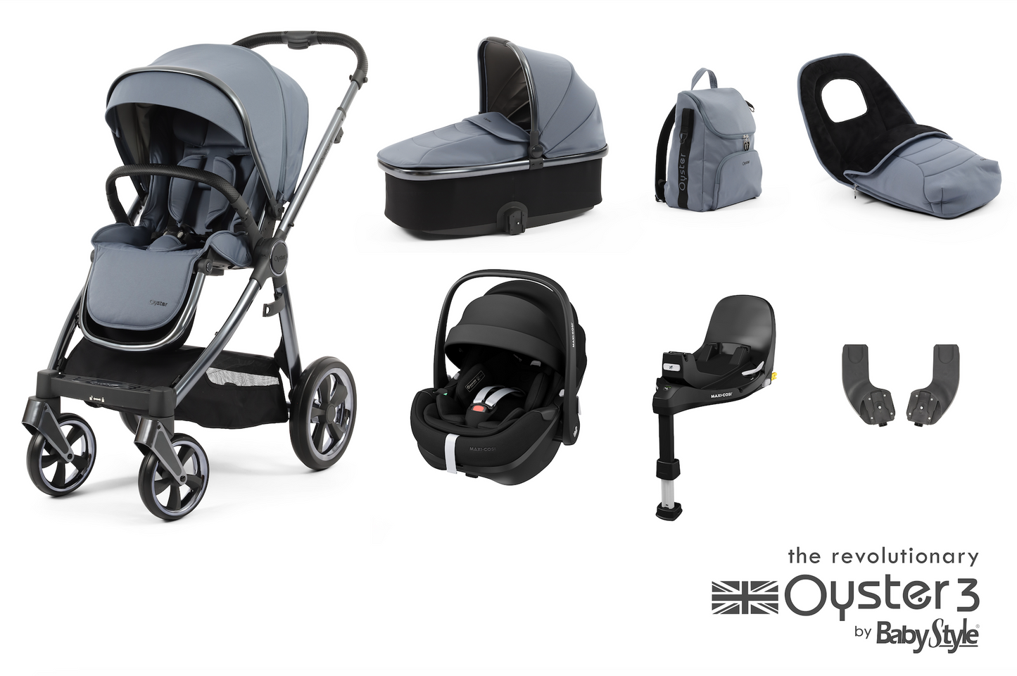 Oyster 3 Luxury 7 Piece Maxi Cosi Pebble Pro 360 Travel System | Dream Blue (Gun Metal Chassis)