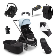Load image into Gallery viewer, Bugaboo Dragonfly Ultimate Bundle  with Maxi-Cosi Cabriofix i-Size Car Seat - Graphite/Midnight Black with Skyline Blue
