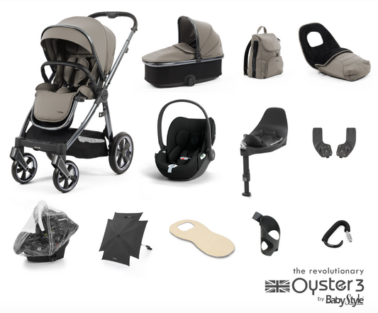 Oyster 3 Ultimate 12 Piece Cybex Cloud T Travel System | Stone (Gun Metal Chassis)