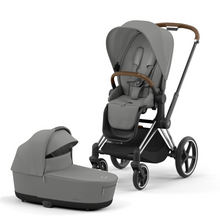 Load image into Gallery viewer, Cybex Priam Pushchair &amp; Lux Carrycot | Mirage Grey &amp; Chrome (Brown Handle)
