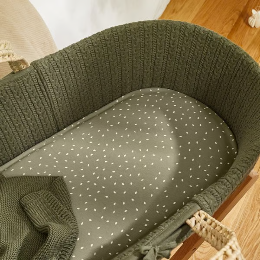 Little Green Sheep Knitted Moses Basket and Static Stand Bundle | Juniper Green