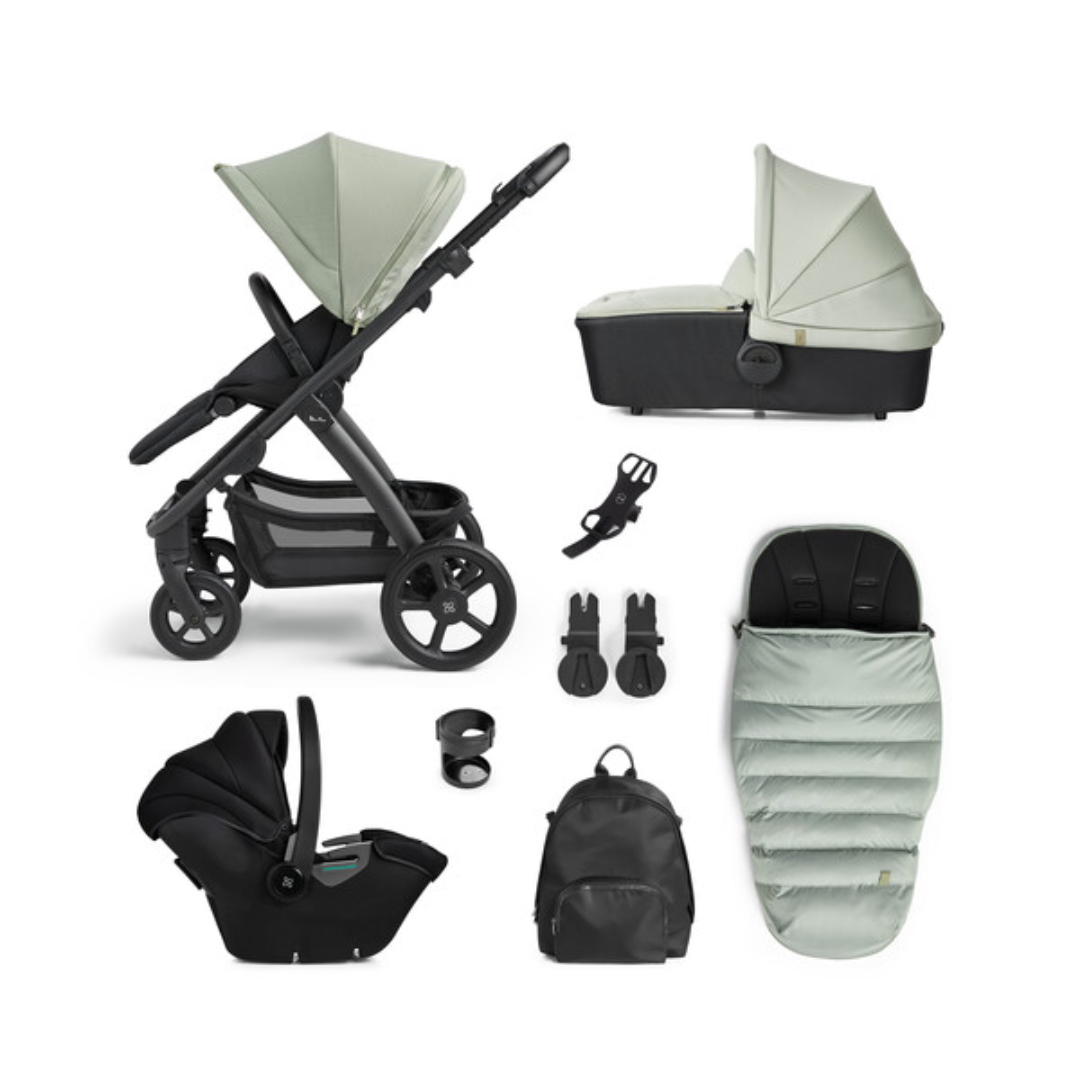 Silver Cross Tide Pushchair, Dream i-Size & Accessory Bundle | Sage on Black Chassis