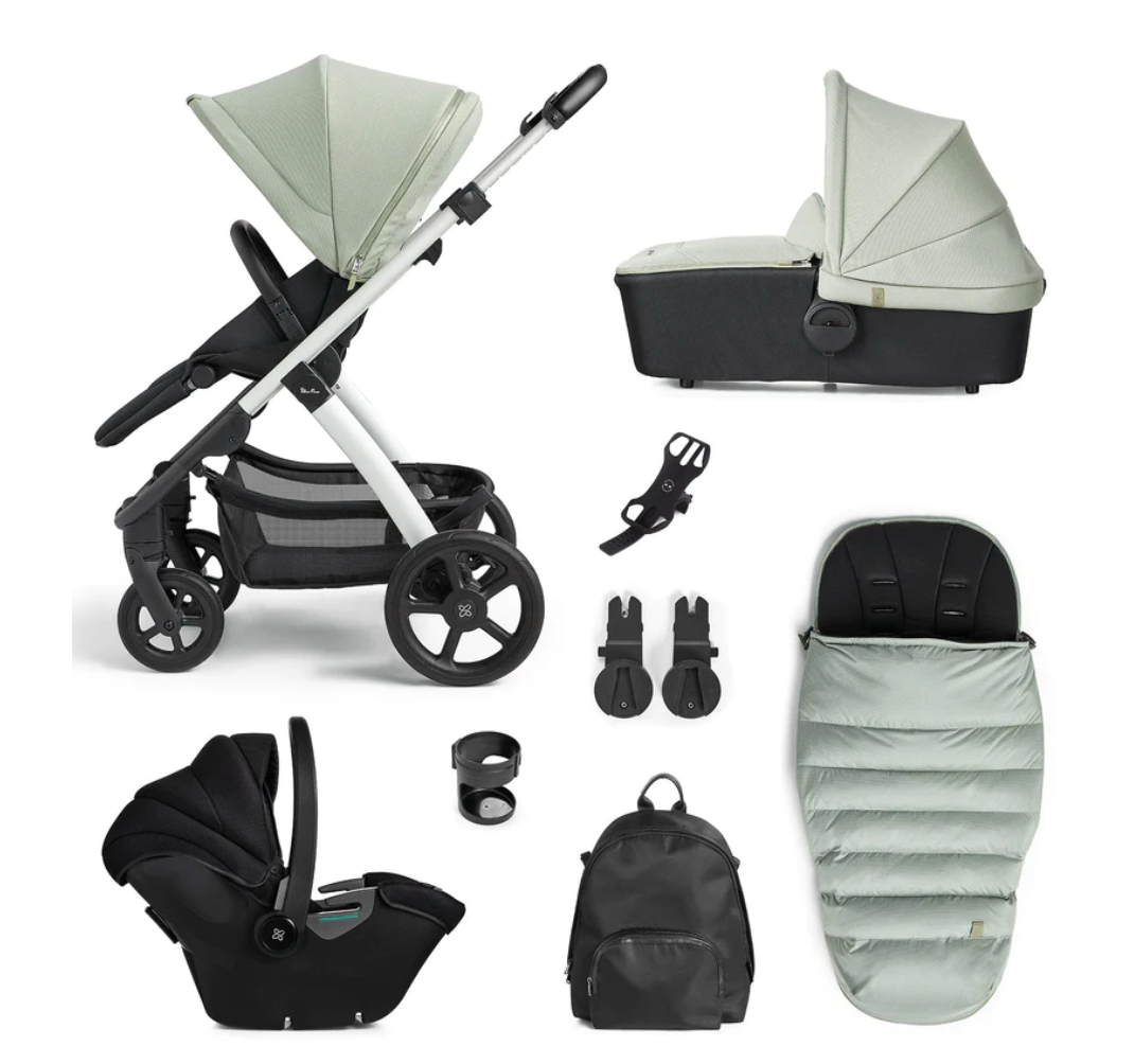 Silver Cross Tide Pushchair, Dream i-Size & Accessory Bundle | Sage - Silver Chassis
