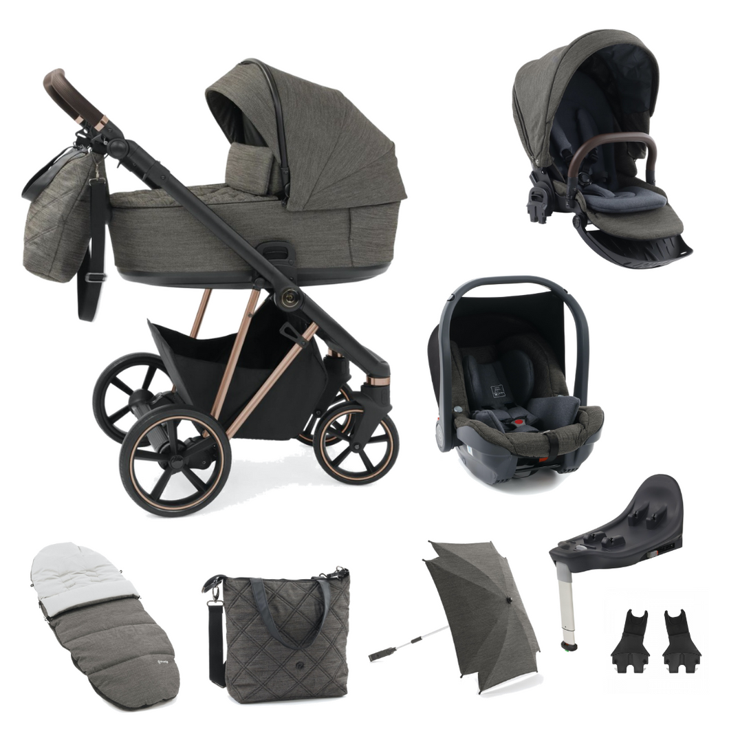 Babystyle Prestige 13 Piece Vogue Travel System - Mountain Grey with Copper Gold Chassis (Brown Handle)