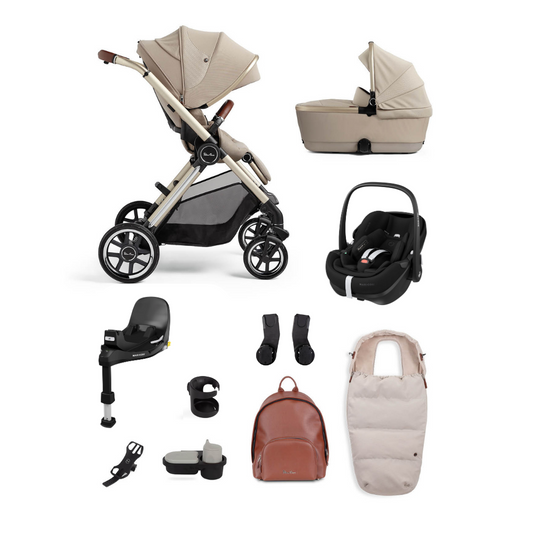 Silver Cross Reef Pushchair,First Bed Folding Carrycot & Maxi-Cosi Pebble 360 Pro Ultimate Pack - Stone