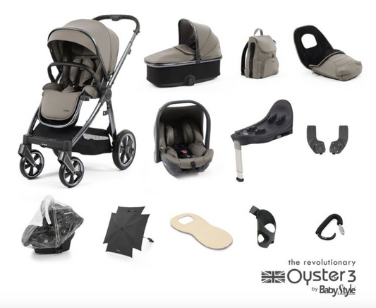 Oyster 3 Ultimate 12 Piece Capsule Travel System | Stone (Gun Metal Chassis)