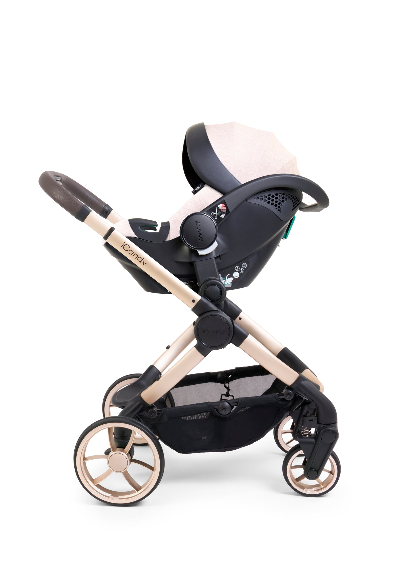 iCandy Peach 7 Pushchair & Carrycot Complete Car Seat Bundle - Biscotti | Blonde Chassis