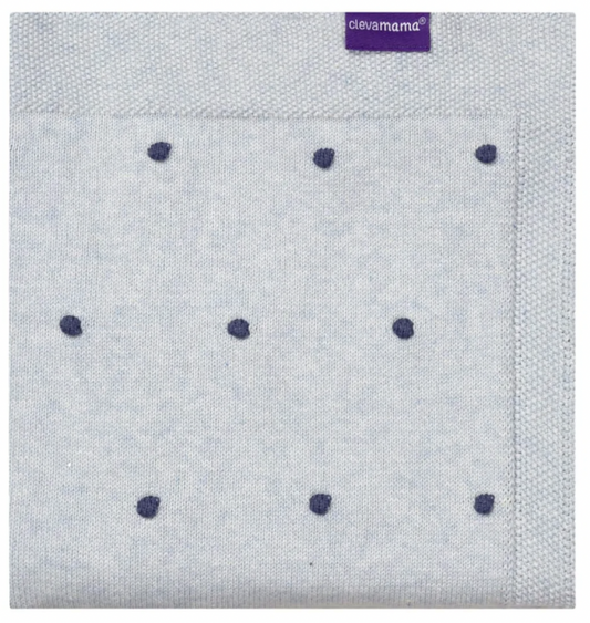ClevaMama Knitted Pom Pom Baby Blanket -  Organic Cotton 80x100cm - Blue