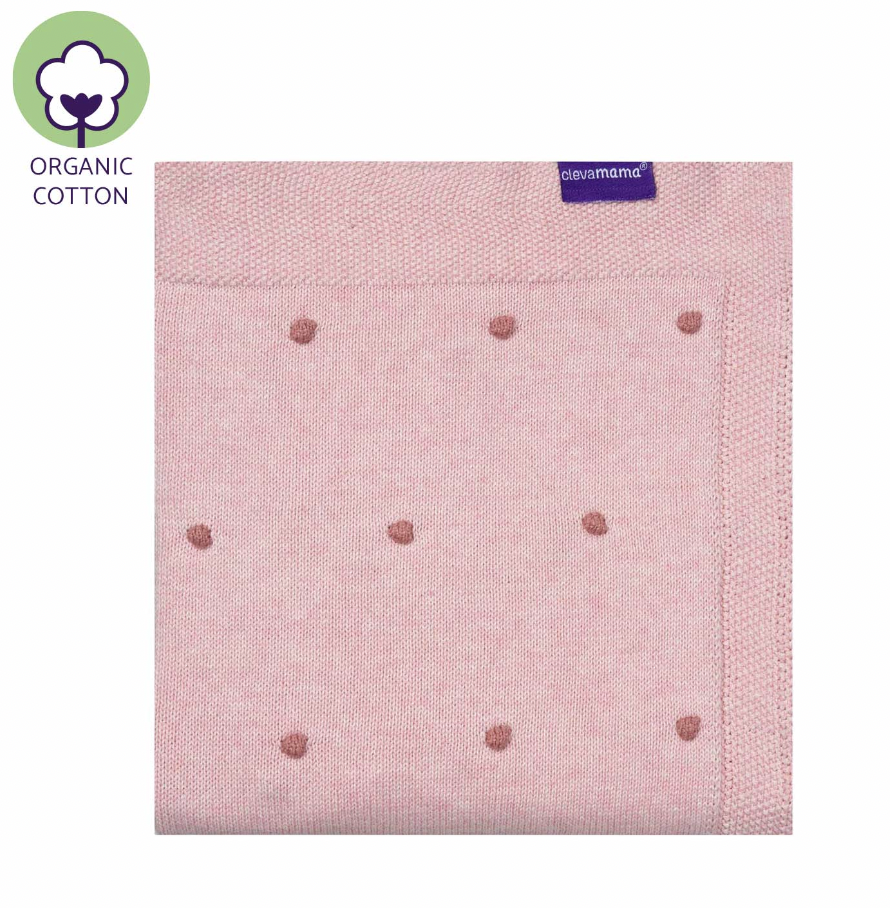 ClevaMama Knitted Pom Pom Baby Blanket - Organic Cotton 80x100cm - Pink