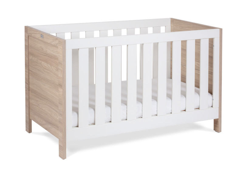 Silver Cross Finchley Oak Cot Bed angled on white background