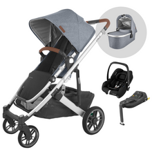 Load image into Gallery viewer, UPPAbaby Cruz Pushchair &amp; Carrycot With Maxi Cosi Cabriofix i-Size | Gregory (Blue Melange/Silver/Saddle Leather)

