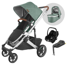 Load image into Gallery viewer, UPPAbaby Cruz Pushchair &amp; Carrycot With Maxi Cosi Cabriofix i-Size |  Emmett (Sage Green Melange/Silver/Saddle Leather)
