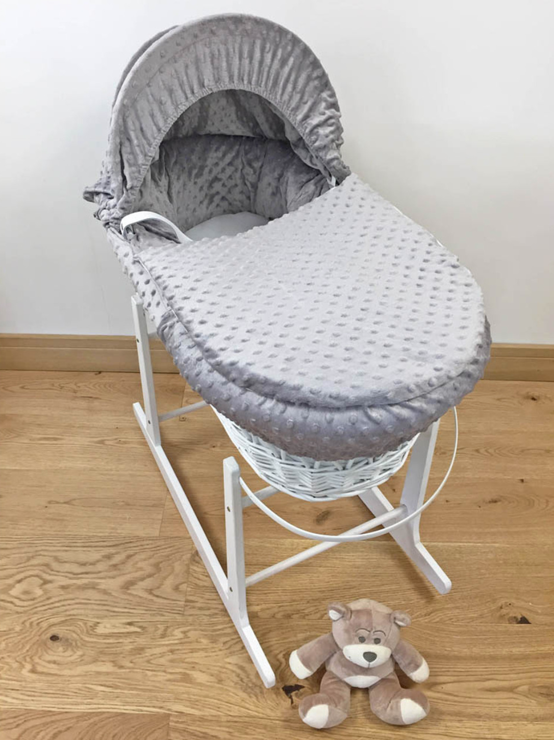 Cuddles Collection White Wicker Moses Basket | Grey Dimple | Direct4baby | Free Delivery