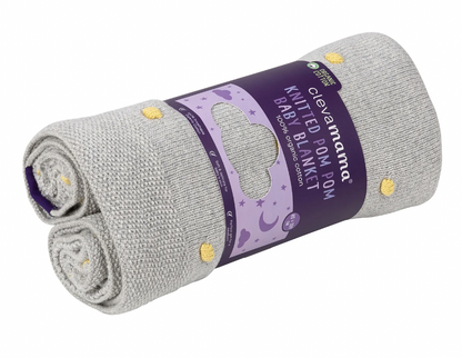 ClevaMama Knitted Pom Pom Baby Blanket -  Organic Cotton 80x100cm - Grey