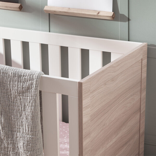 Silver Cross Finchley Oak Cot Bed Headboard Close Up in Lifestyle Image