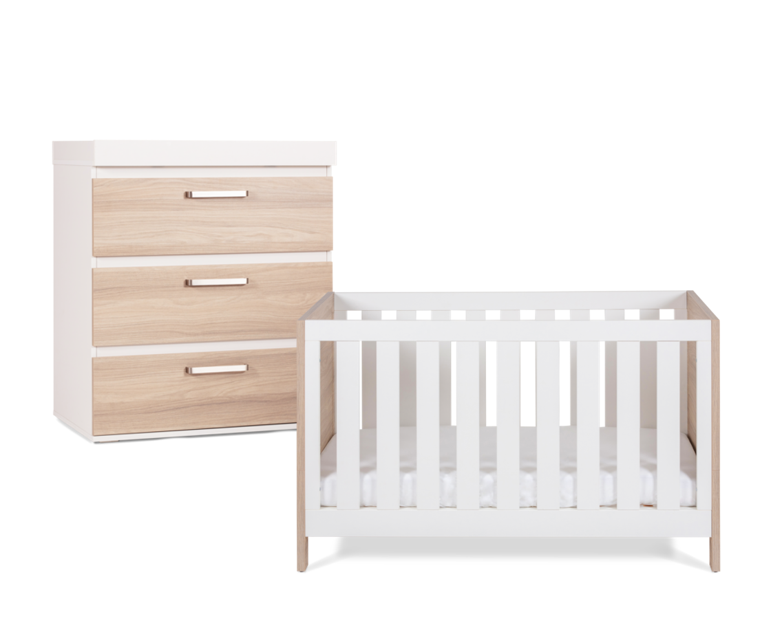 Silver Cross Finchley Oak Cot Bed & Dresser White Cackground