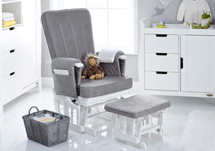 Load image into Gallery viewer, Obaby Deluxe Reclining Glider Chair And Stool - White and Grey
